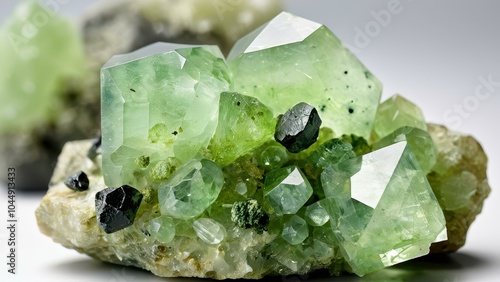 Light green prehnite crystal formation in natural light. High-resolution macro photograph showing translucent botryoidal surface texture and delicate crystal clusters. Professional mineral photography photo