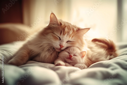 Adorable fluffy white mother cat and her baby kitten, sleeping lying together on a white blanket, in a serene and peaceful moment 