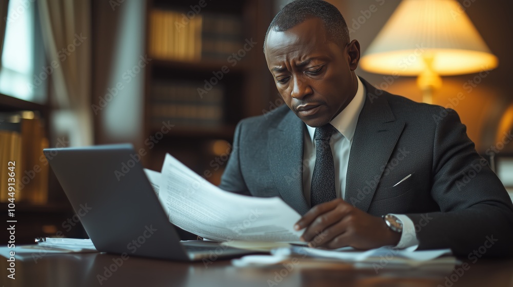 A corporate lawyer meticulously examines important legal documents on his desk while seated in a well-appointed office, focused and deep in thought A corporate lawyer meticulously examines important legal documents on his desk while seated in a well-appointed office, focused and deep in thought