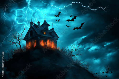 halloween background wallpaper with haunted house and pumpkin as jack-o-lantern for scary autumn photo