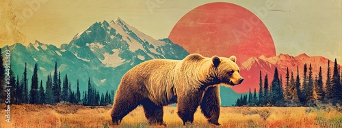 70s-style poster of an Alaskan grizzly bear walking through the grass, with a mountain in the background