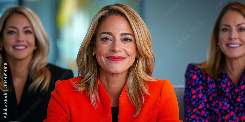 Three women are smiling and wearing business attire. They are posing for a photo. Scene is happy and professional. businesswomen leading a meeting in a modern office in 2024. Clear fascial features Three women are smiling and wearing business attire. They are posing for a photo. Scene is happy and professional. businesswomen leading a meeting in a modern office in 2024. Clear fascial features