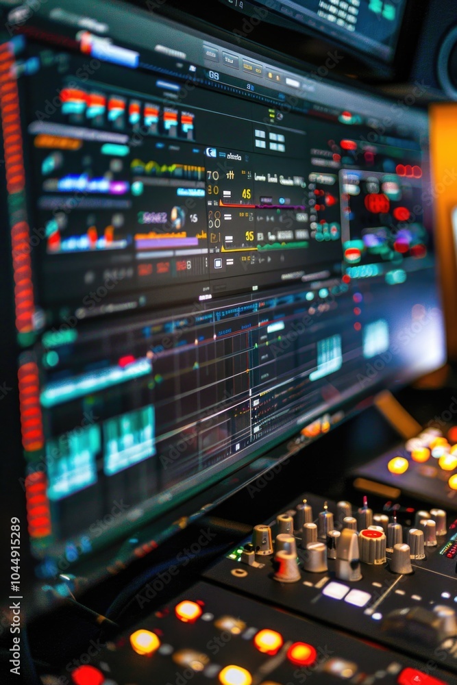 Control panel in a music recording studio with various equipment and controls Control panel in a music recording studio with various equipment and controls