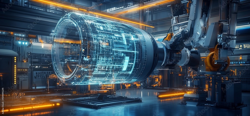 Fototapeta premium A robotic arm holds a futuristic engine with a glowing blue digital interface in a modern factory.