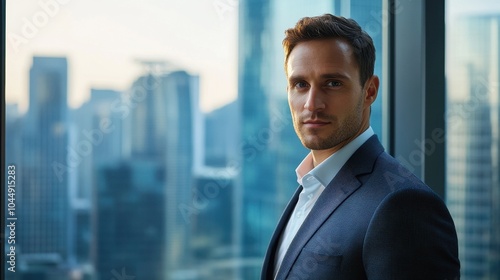 A professional portrait of a European male businessman in an urban setting, showcasing confidence and determination against a modern city skyline.