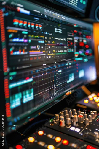 Control panel in a music recording studio with various equipment and controls