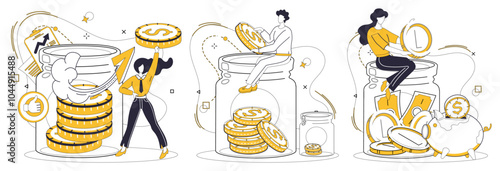 Savings account. Three people are managing savings stacking coins, placing coins in jars and digital investments. Ideal for financial planning, investment strategies, saving goals, banking education