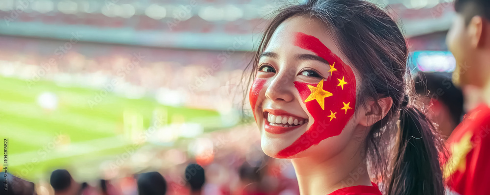 Enthusiastic Chinese Woman at Football Stadium. A photo capturing the joy of a young woman with nationalistic face paint, immersed in the stadium's vibrant atmosphere.
Enthusiastic Chinese Woman at Football Stadium. A photo capturing the joy of a young woman with nationalistic face paint, immersed in the stadium's vibrant atmosphere.