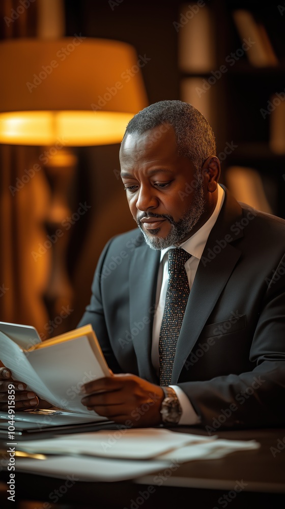 A corporate lawyer dressed in a suit is intently reviewing legal documents in a well-lit office, showcasing a focused and professional atmosphere during the evening A corporate lawyer dressed in a suit is intently reviewing legal documents in a well-lit office, showcasing a focused and professional atmosphere during the evening