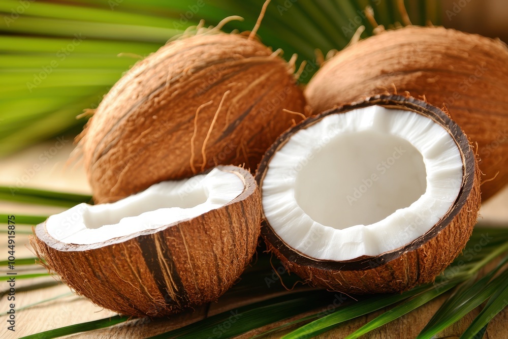 Fresh coconuts halved on wooden table with green leaves Fresh coconuts halved on wooden table with green leaves
