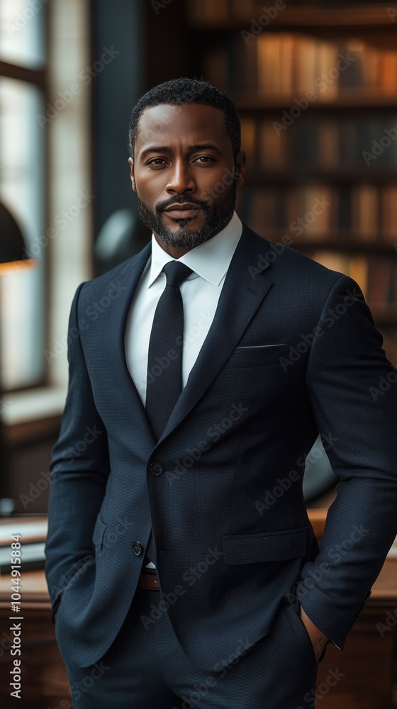 A distinguished lawyer in a tailored suit poses confidently in an elegant office. The background features bookshelves filled with legal texts, emphasizing professionalism A distinguished lawyer in a tailored suit poses confidently in an elegant office. The background features bookshelves filled with legal texts, emphasizing professionalism