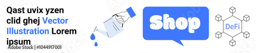 Simple composition incorporating a watering can pouring water, a blue speech bubble with the word Shop, and a decentralized finance symbol. Ideal for e-commerce, financial technology, blockchain