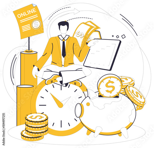 Savings account. This image shows a person with a piggy bank, coins, and clock, symbolizing financial growth through saving. Ideal for financial planning, time management, budgeting, investing