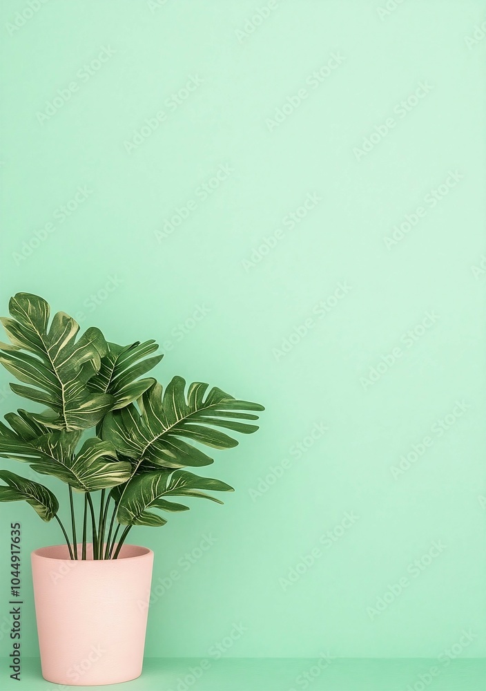 A stylish green plant in a pink pot against a mint wall, creating a vibrant and fresh look for modern decor. A stylish green plant in a pink pot against a mint wall, creating a vibrant and fresh look for modern decor.