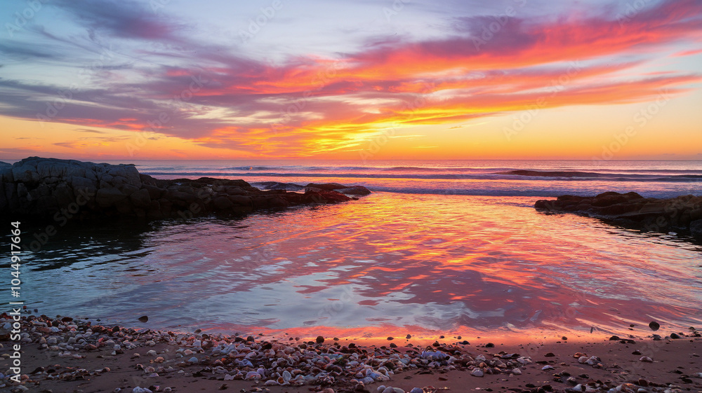Obraz premium Sunset Reflection on Rocky Coastline