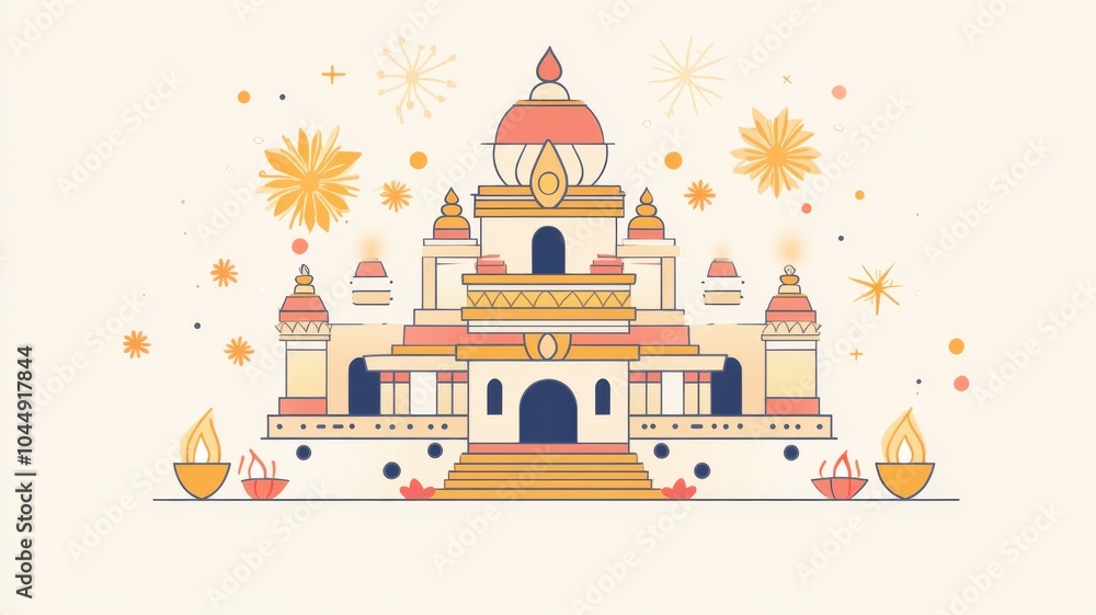 Festive flat illustration of a Hindu temple with Diya lamps and marigold flowers, depicted in stylized lines with vibrant colors and light background. Diwali Festive flat illustration of a Hindu temple with Diya lamps and marigold flowers, depicted in stylized lines with vibrant colors and light background. Diwali
