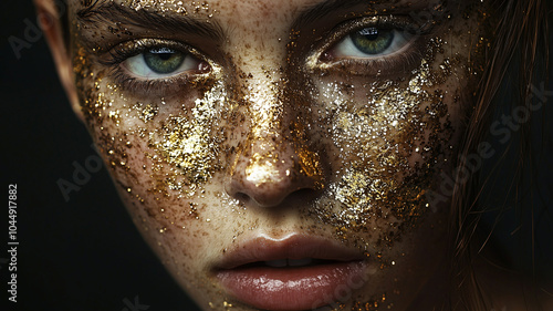 Creative Fashion Model Face Design Blending Golden Liquid Shine and Dark Oil Paint Effect..