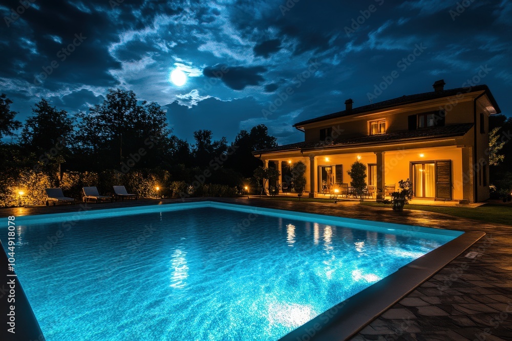 Swimming Pool At Night. Luxury Estate with Pool Illuminated by Lights Swimming Pool At Night. Luxury Estate with Pool Illuminated by Lights