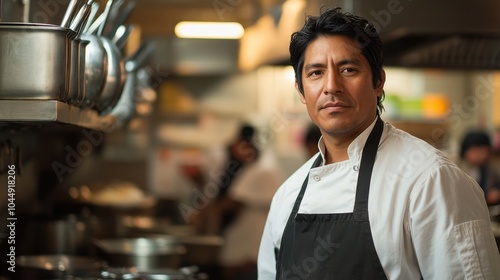 A portrait of a Native American male chef standing confidently in a busy kitchen, showcasing his culinary skills and passion for food in a vibrant environment.