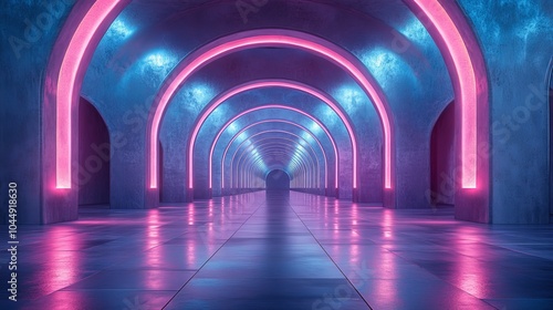 Hall of mirrors with metallic arches, smooth reflective floors casting sharp reflections, soft pink and blue neon lighting, futuristic vibe, cinematic angle