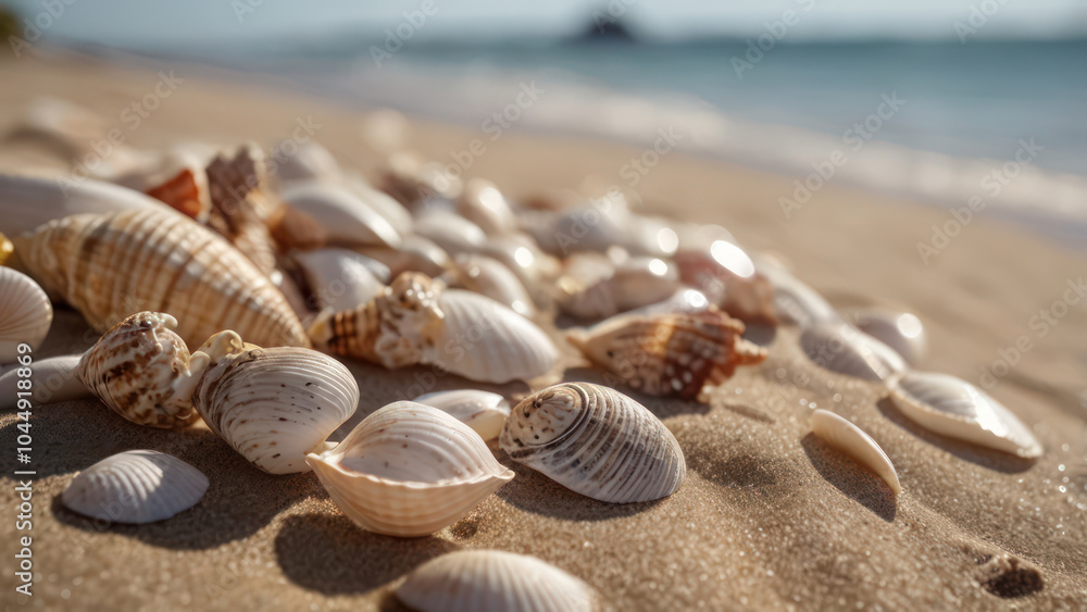 Calm beach scene with gentle waves and seashells on the shore. Calm beach scene with gentle waves and seashells on the shore.