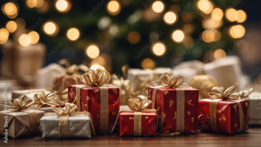 Festive Christmas decorations with a beautifully decorated tree and wrapped gifts Festive Christmas decorations with a beautifully decorated tree and wrapped gifts