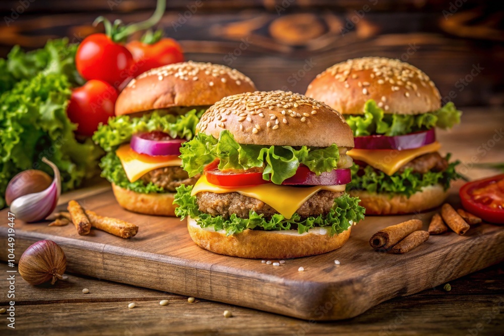 Fresh home-made hamburger served on wood Fresh home-made hamburger served on wood