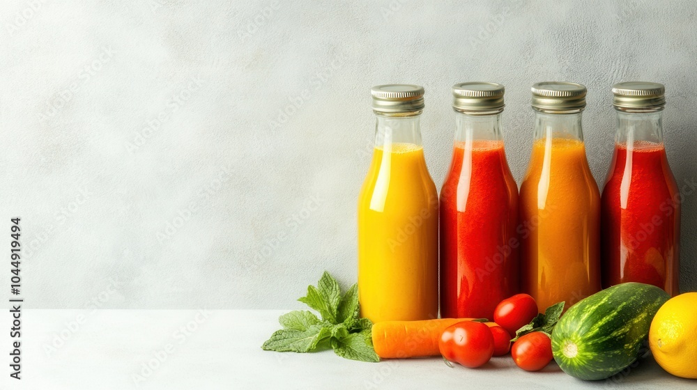 Fresh vegetable fruit juices in glass bottles on light background Fresh vegetable fruit juices in glass bottles on light background
