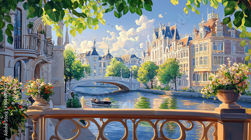 Fototapeta Naklejka Na Ścianę i Meble -  Impressionism painting, landscape of a river in an European city