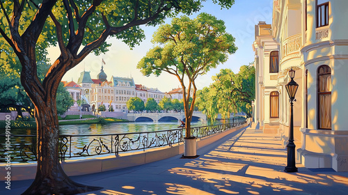 Fototapeta Naklejka Na Ścianę i Meble -  Impressionism painting, landscape of a river in an European city