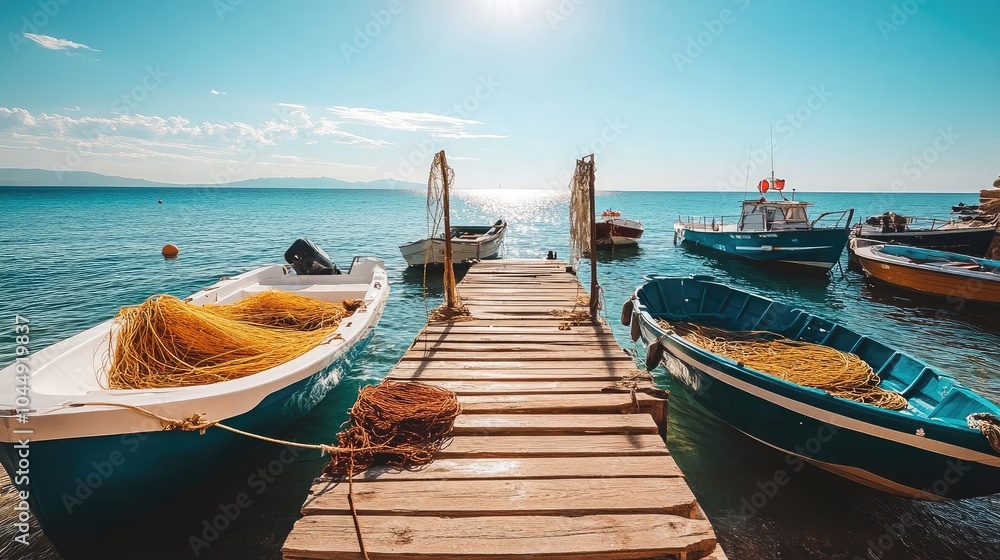 Fototapeta premium Serene Dock at Seaside with Colorful Fishing Boats
