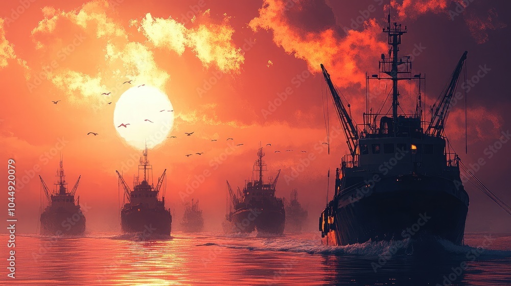 Sunset Over Fishing Boats in Tranquil Waters Sunset Over Fishing Boats in Tranquil Waters