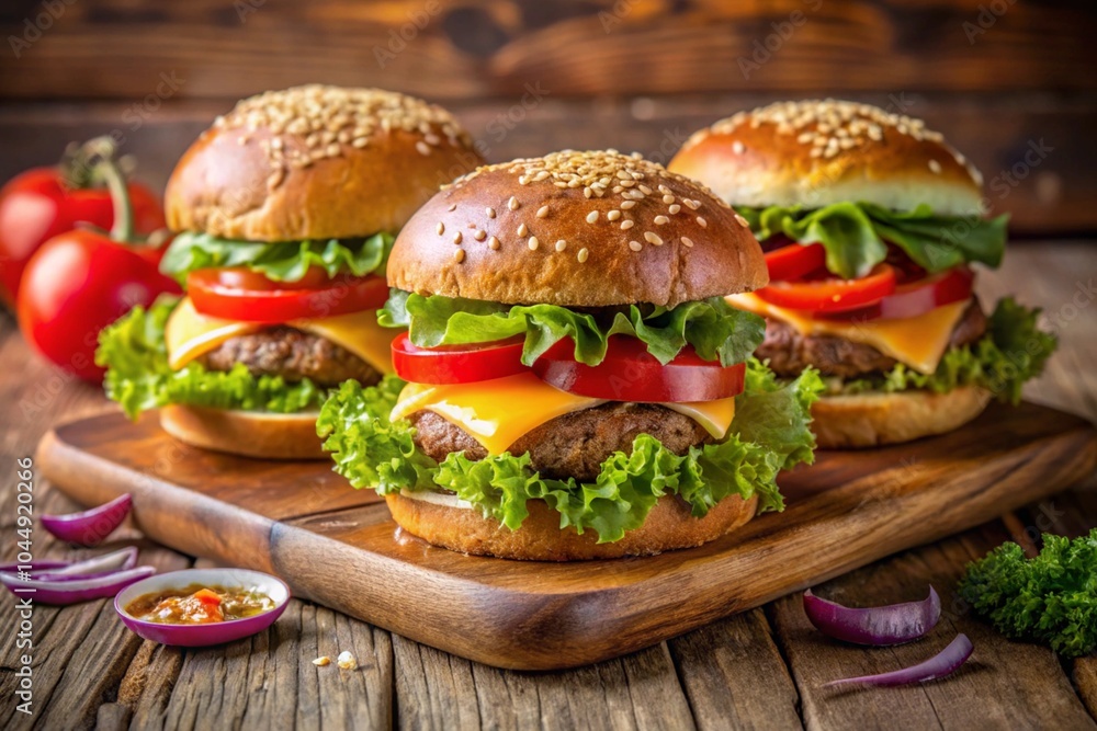 Fresh home-made hamburger served on wood Fresh home-made hamburger served on wood