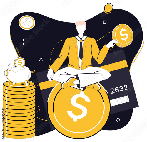 Savings account. A man in a suit sits on top of a large coin, holding a smaller coin in his hand, with a stack of coins, a piggy bank, and a credit card around him. Ideal for illustrating financial