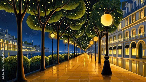 Fototapeta Naklejka Na Ścianę i Meble -  Impressionism painting, landscape of a street in Europe at night