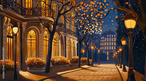 Fototapeta Naklejka Na Ścianę i Meble -  Impressionism painting, landscape of a street in Europe at night