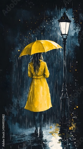 A little girl in yellow raincoat and boots holding an umbrella stands under the street lamp, with water droplets on her face, black ink painting style