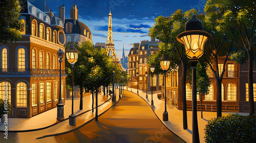 Fototapeta Naklejka Na Ścianę i Meble -  Impressionism painting, landscape of a street in Europe at night