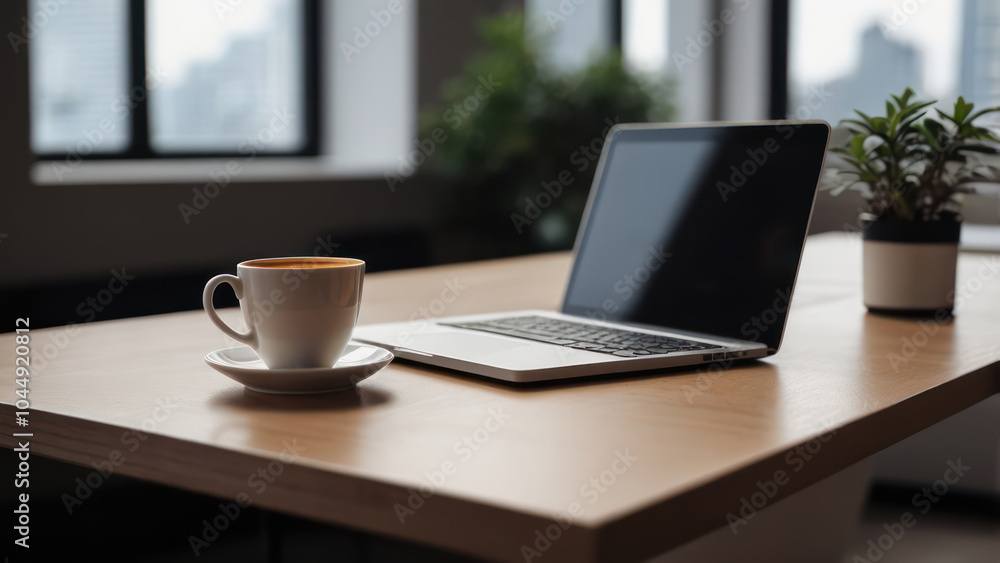 Modern minimalist office workspace with a laptop, notebook, and coffee cup on a sleek desk Modern minimalist office workspace with a laptop, notebook, and coffee cup on a sleek desk