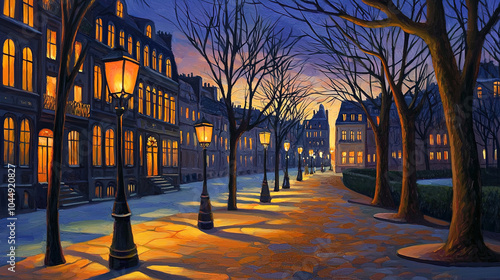 Fototapeta Naklejka Na Ścianę i Meble -  Impressionism painting, landscape of a street in Europe at night