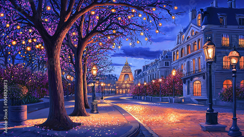 Fototapeta Naklejka Na Ścianę i Meble -  Impressionism painting, landscape of a street in Europe at night