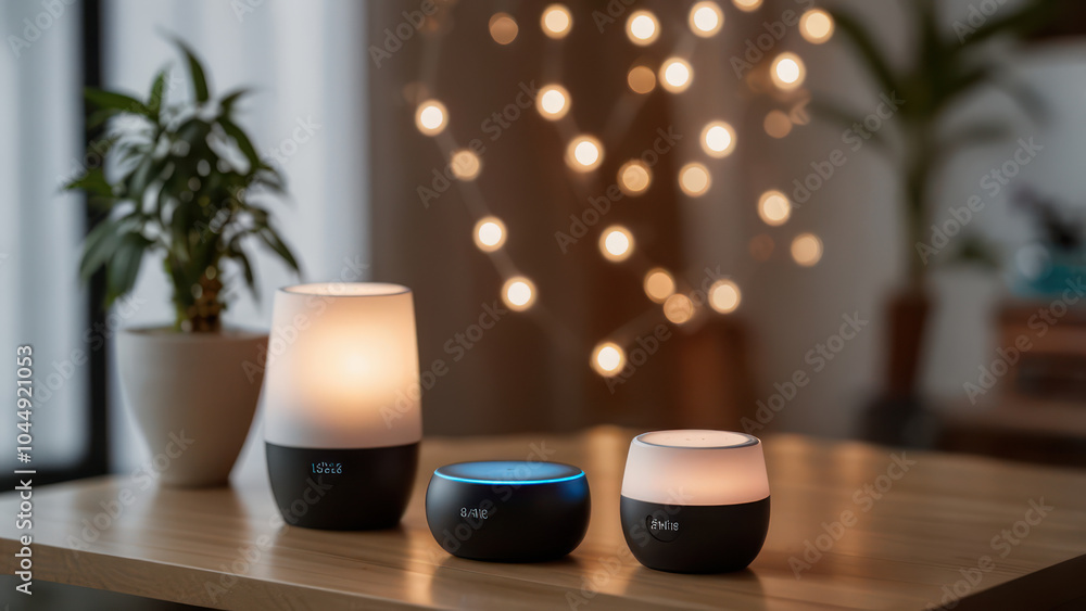 Smart home setup with interconnected devices like smart speakers, lights, and thermostat Smart home setup with interconnected devices like smart speakers, lights, and thermostat