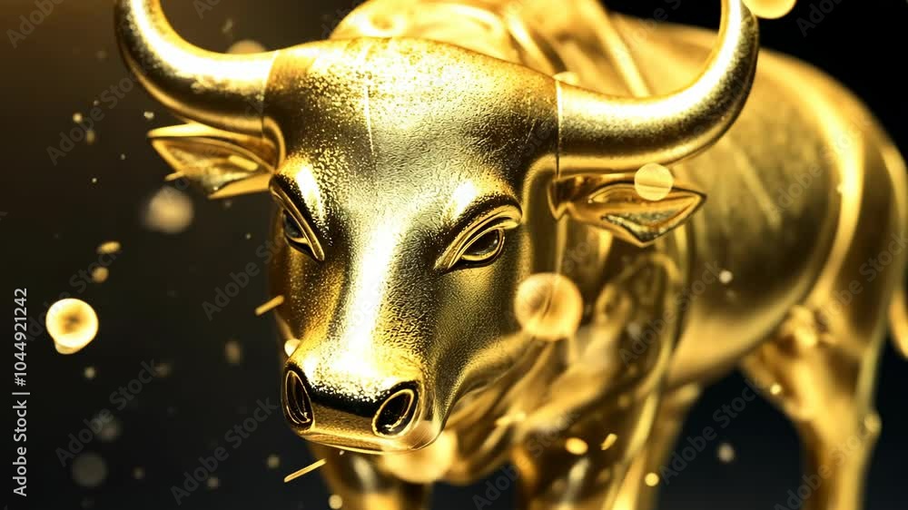 A golden bull statue stands tall against a dark background with small golden particles floating in the air A golden bull statue stands tall against a dark background with small golden particles floating in the air