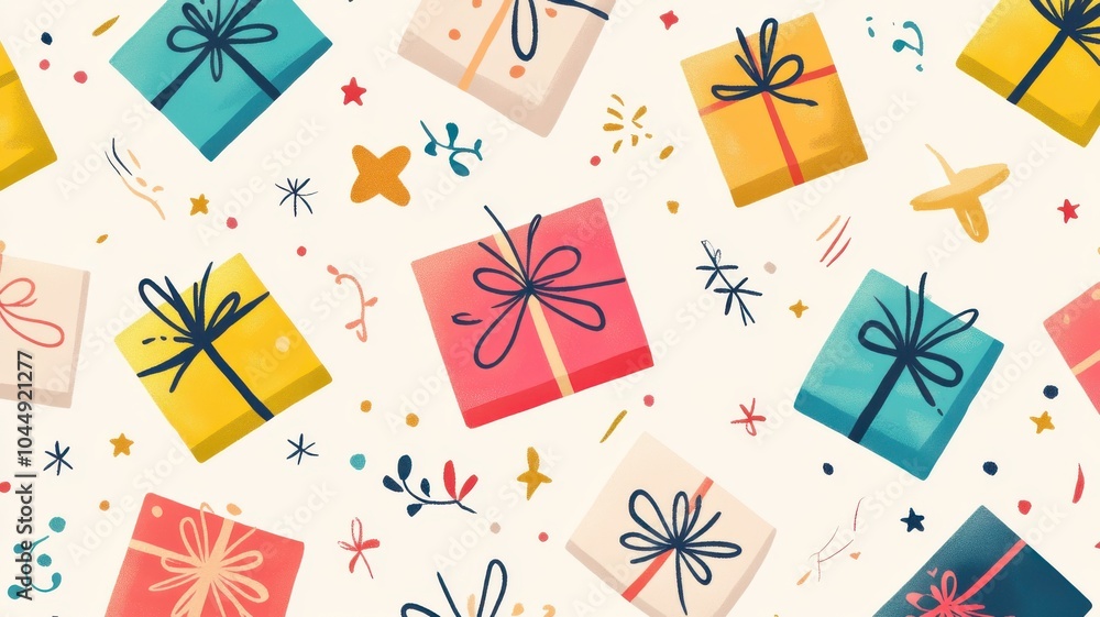 Flat illustration of festive Diwali gifts in bold colors with simple designs, surrounded by doodles of stars and flowers on a light background for a joyful theme. Diwali Flat illustration of festive Diwali gifts in bold colors with simple designs, surrounded by doodles of stars and flowers on a light background for a joyful theme. Diwali
