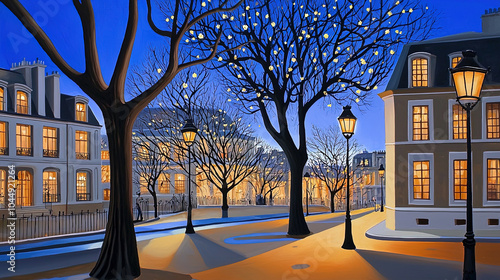 Fototapeta Naklejka Na Ścianę i Meble -  Impressionism painting, landscape of a street in Europe at night