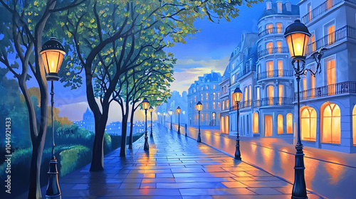 Fototapeta Naklejka Na Ścianę i Meble -  Impressionism painting, landscape of a street in Europe at night