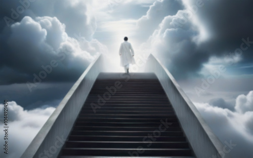 blurred background of stairway to heaven and receding silhouette, religion concept