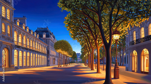 Fototapeta Naklejka Na Ścianę i Meble -  Impressionism painting, landscape of a street in Europe at night