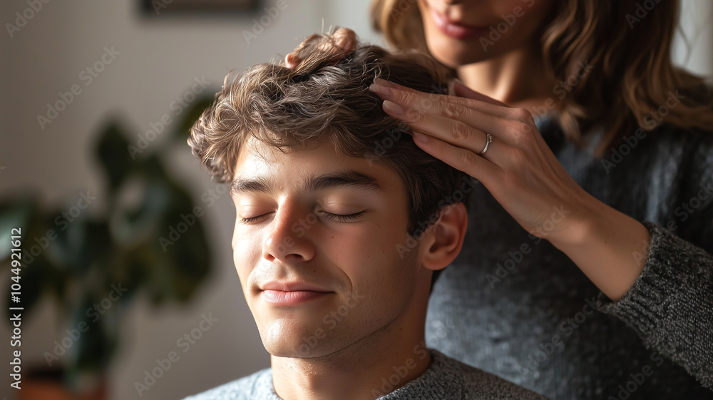 Fototapeta premium Loving Elderly Mother Giving an Oil Massage to Her Middle-Aged Son's Scalp, Celebrating Family Care..
