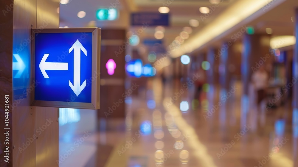 Bright blue exit sign is illuminated in a busy hallway, guiding people towards the left and right exits. The blurred background suggests a bustling atmosphere Bright blue exit sign is illuminated in a busy hallway, guiding people towards the left and right exits. The blurred background suggests a bustling atmosphere